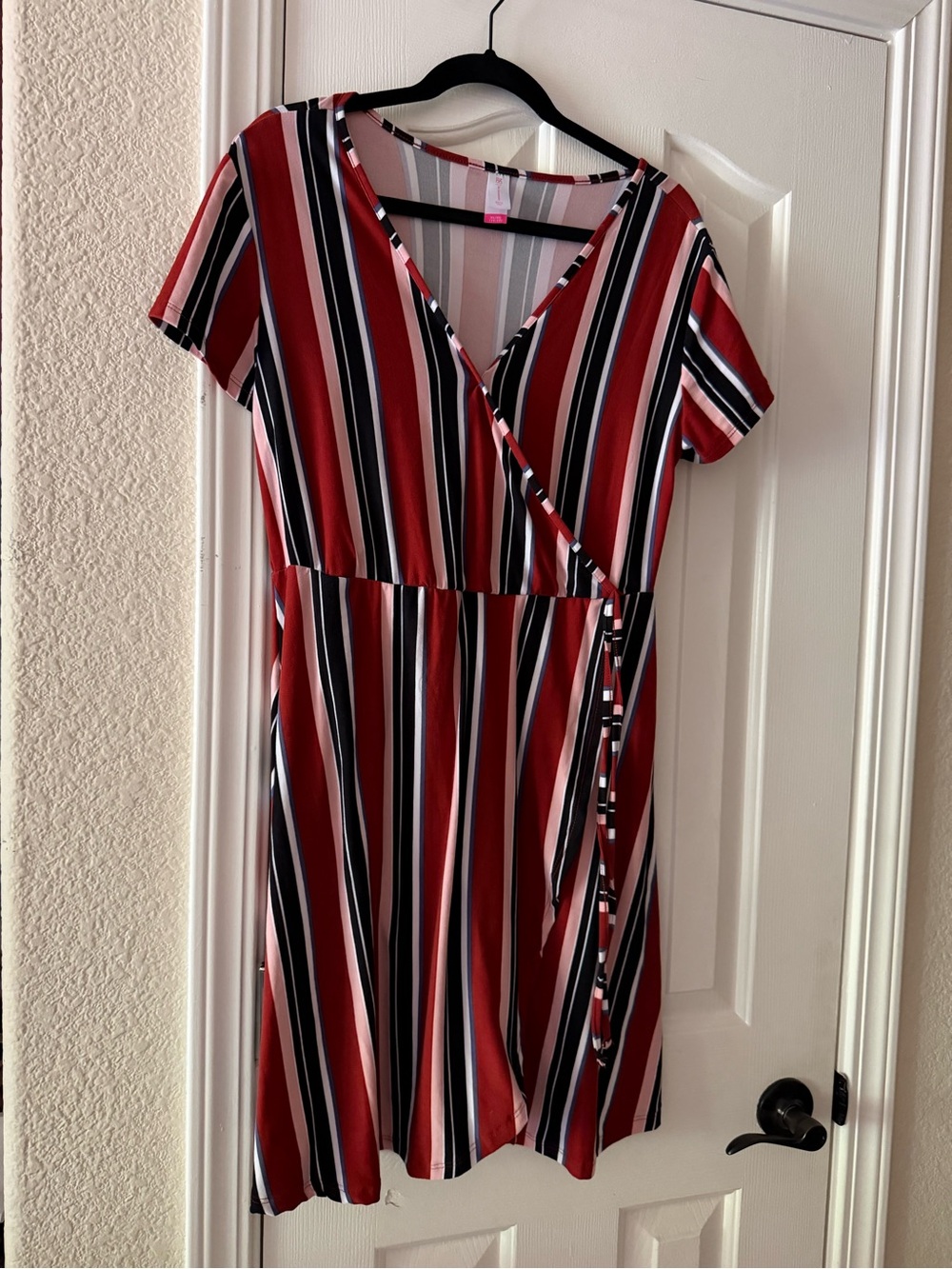 No Boundaries Red, Black & White Striped Wrap Mini Dress